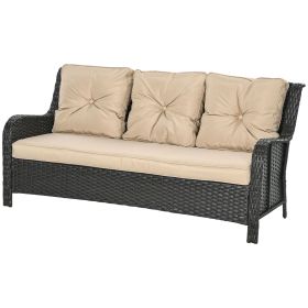 Outsunny 3-Seater PE Rattan Outdoor Sofa with Thick Cushions Curved Armrests Beige