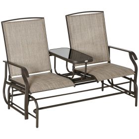 Outsunny 2-Person Outdoor Glider Bench with Center Table, Patio Rocking Chair Swing Loveseat with Breathable Mesh for Backyard Garden Porch, Brow