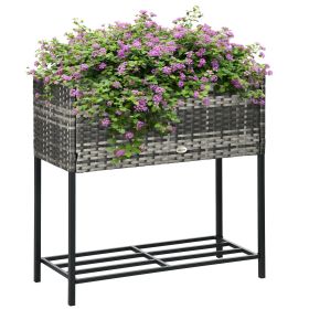 Outsunny Portable Steel Raised Garden Bed, Rattan Look with Legs and Tool Shelf, for Herbs Vegetables Flowers, Gray