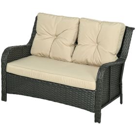 Outsunny 2-Seater Outdoor Sofa PE Rattan Wicker Loveseat with Cushions Beige