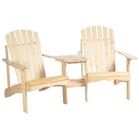 Outsunny Wooden Adirondack Chairs Set of 2 Outdoor Double Seat w/ Center Table Umbrella Hole Patio Backyard Deck Natural