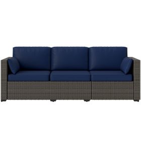 Outsunny Patio Couch PE Wicker Deep Seating Outdoor Sofa with Removable Cushions, 3 Seater Rattan Sofa, Outdoor Furniture for Balcony, Deck (Color: Navy)