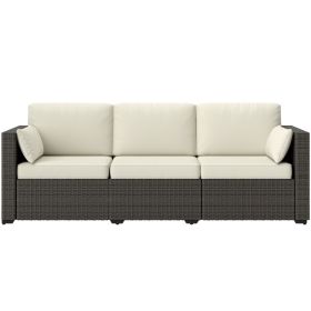 Outsunny Patio Couch PE Wicker Deep Seating Outdoor Sofa with Removable Cushions, 3 Seater Rattan Sofa, Outdoor Furniture for Balcony, Deck (Color: White)