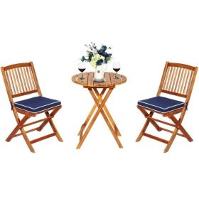 3 Pieces Patio Folding Wooden Bistro Set Cushioned Chair (Color: Navy)
