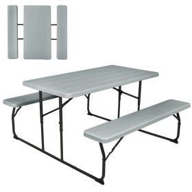 Indoor and Outdoor Folding Picnic Table Bench Set with Wood-like Texture (Color: Gray)