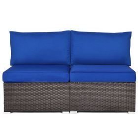 2 Pieces Patio Rattan Armless Sofa Set with 2 Cushions and 2 Pillows (Color: Navy)