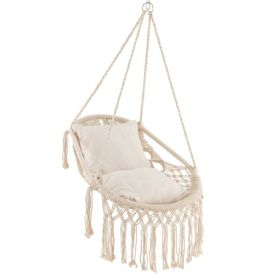Hanging Hammock Chair with Soft Seat Cushions and Sturdy Rope Chain (Color: Beige)