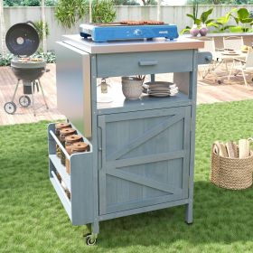 40.5" Outdoor Grill Cart with Stainless Steel Top, Solid Wood Outdoor Storage Cabinet with Drop Leaf, One Drawer, Towel Rack (Color: Blue Gray)