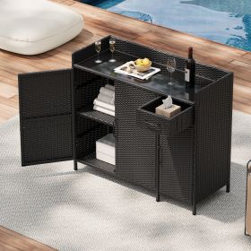 47.5"W Wicker Outdoor Storage Cabinet with Tempered Glass Desktop, Weather-proof Rattan Bar Table with Three Doors, Adjustable Shelf, and One Dra (Material: Rattan+Metal, Color: Black Brown)