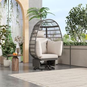 Outdoor Swivel Chair with Cushions, Rattan Egg Patio Chair with Rocking Function for Balcony, Poolside and Garden (Material: Wicker, Color: Beige+Grey)