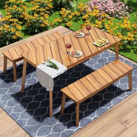 3 Pieces Acacia Wood Table Bench Dining Set For Outdoor & Indoor Furniture With 2 Benches, Picnic Beer Table for Patio, Porch, Garden, Poolside (Material: Acacia Wood, Color: Acacia Wood)
