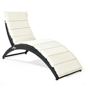 Foldable Patio Lounge Chair with Cushion for Backyard (Color: Beige)